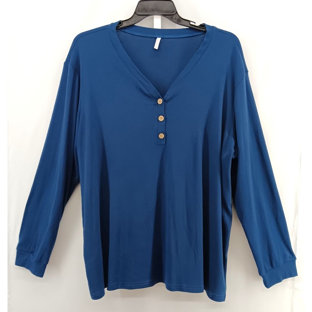 Bishuige Shirt Women Plus Size 3XL Blue V Neck Henley Long Sleeve Casual Top